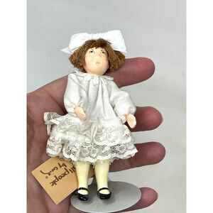 VTG Small People By Cecily Girl Doll in Dress with Bow and Stand 1980s 3.5"